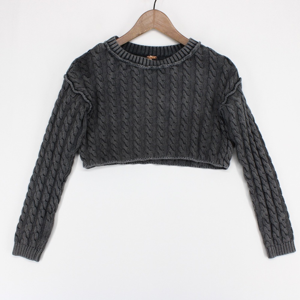 Free People  Sweater Womens XS Gray Cable Knit Cropped Washed Cotton Long Sleeve